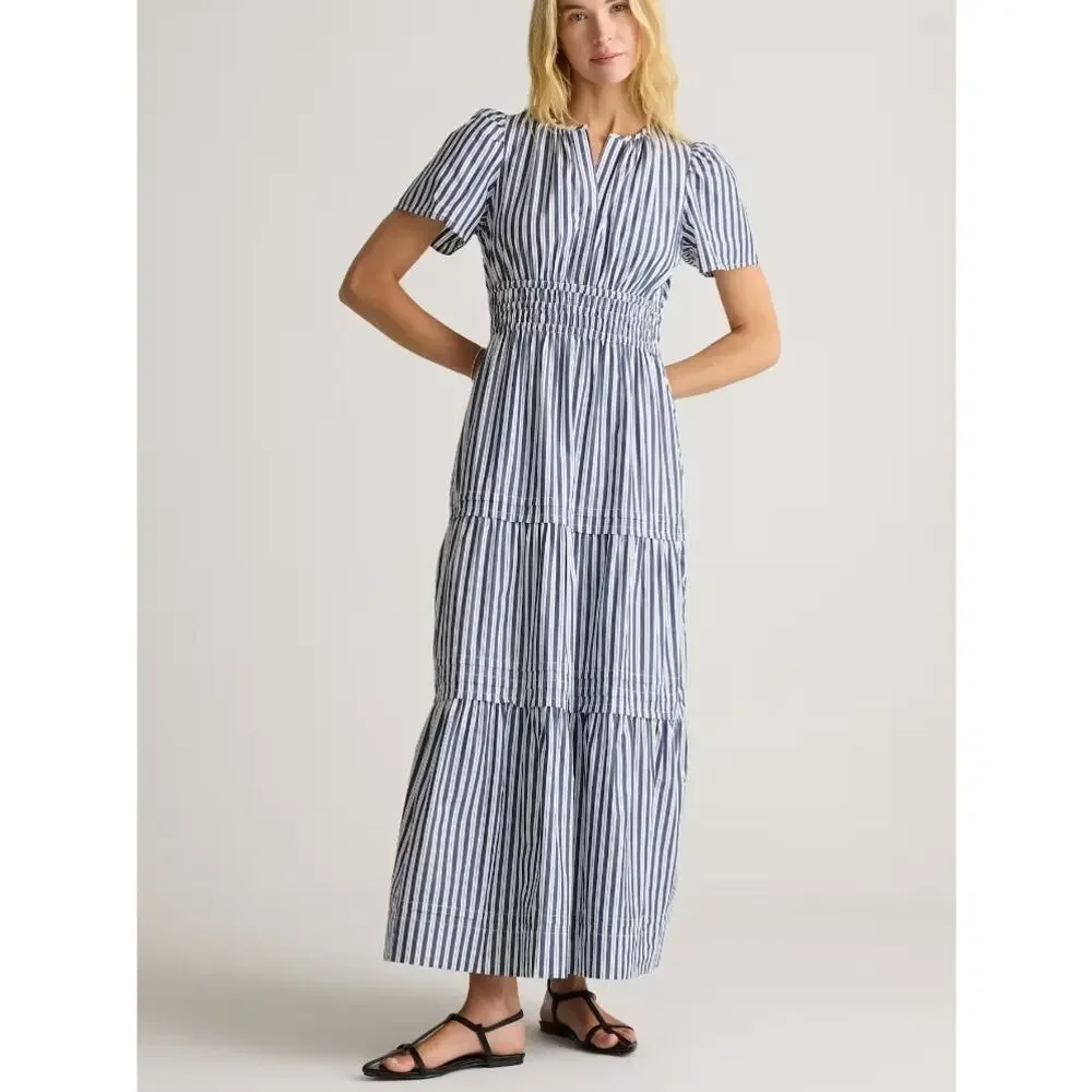 Quince Womens 100% Organic Cotton Poplin Tiered Maxi Dress Hudson Stripe Large - Picture 1 of 8